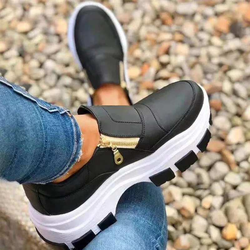 

Women's Spring Shoes Fashion Woman Zip PU Leather Flat Platform Thick Bottom Ladies Vulcanized Shoes 2021 Female Sneakers New