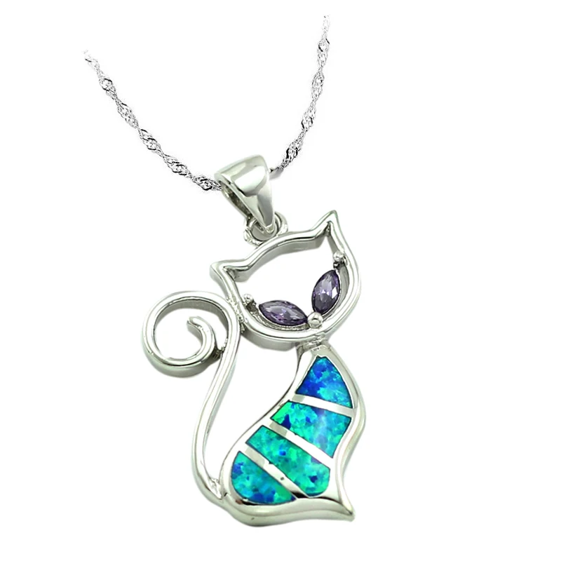 

Cat Necklace Blue Fire Opal Women Jewelry Silver Plated Pendant 1 1/4''OP241