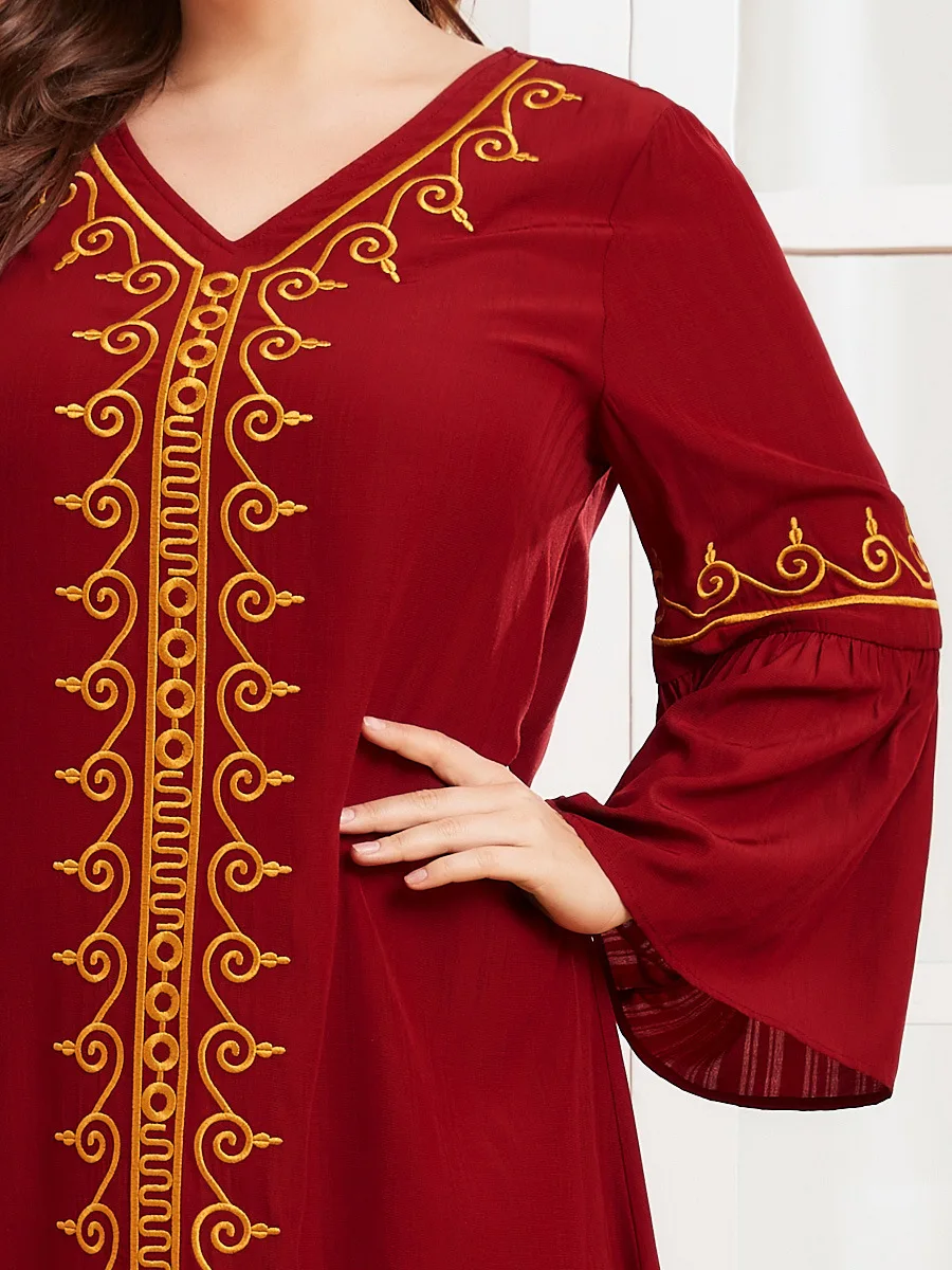 

Abaya for Arab Muslim Woman Clothing Embroidery Long-Sleeved Loose Casual Red Muslim Dress Middle East Kaftan Prayer Abaya 4XL