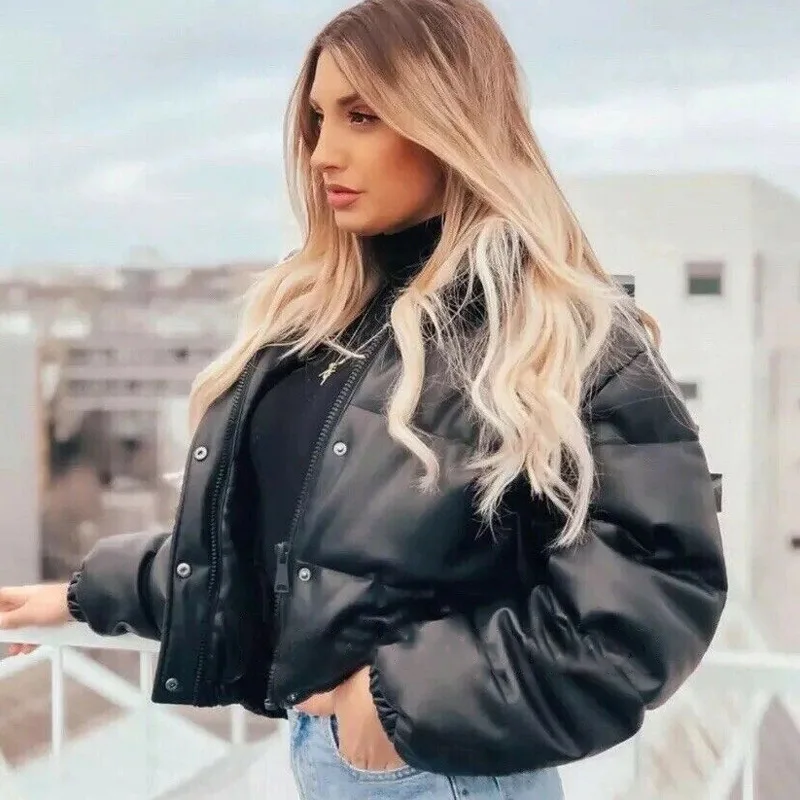 Women Winter Jacket Pu Leather Parka Thicken Coats Warm Zipper Short Solid Elegant Cotton Padding Jackets Female Ladies WPA01