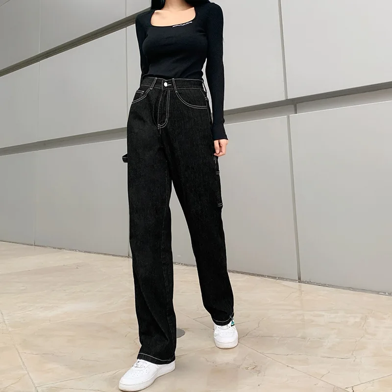 

New Fashion High Waist Loose Fit Denim Pants Women Straight Wide Leg Jeans Hip Hop Style with Straps