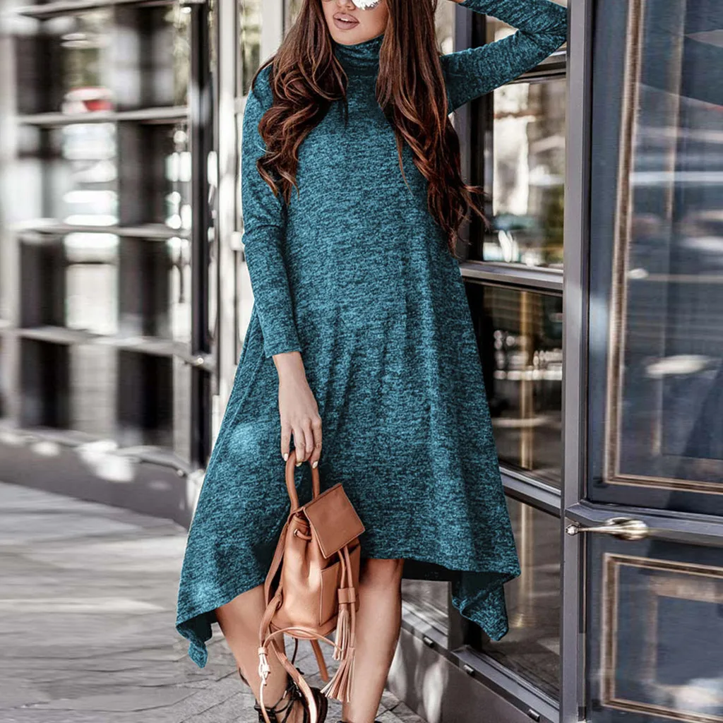 Winter Women Fashion Cotton Turtleneck Solid Long Sleeve Oversize sweater Dress Pullover Loose irregular Party Dress#g3 | Женская одежда