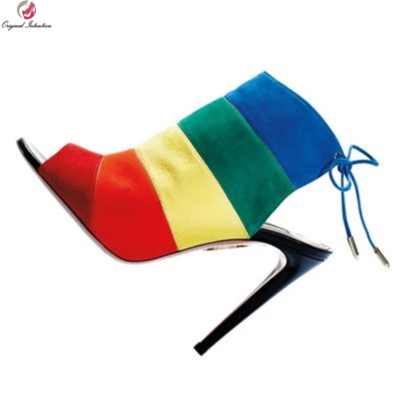 

Original Intention Fashion Rainbow Color Ankle Sandals Woman Colorful Open Toe Stiletto Heels Charm Sweety Shoes Woman Concise