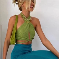 green sexy bandage halter crop tops for women sleeveless backless club party corset womens wrap cropped top slim streetwear new
