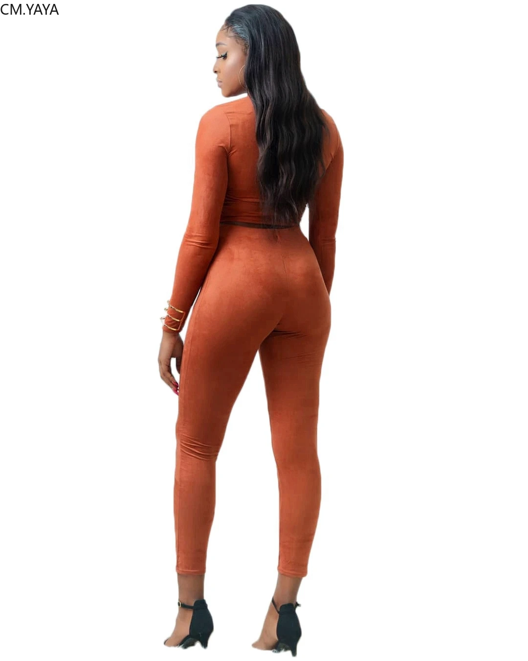 Женский замшевый комплект GL с длинным рукавом и V-образным вырезом укороченный