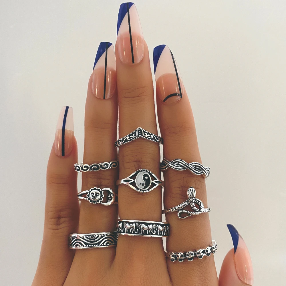 

IFMIA 9 Pcs Vintage Snake Skull Rings for Women Trendy 2021 Trend Kpop Gothic Anillos Moon Sun Yin Yang Ring Fashion Jewelry
