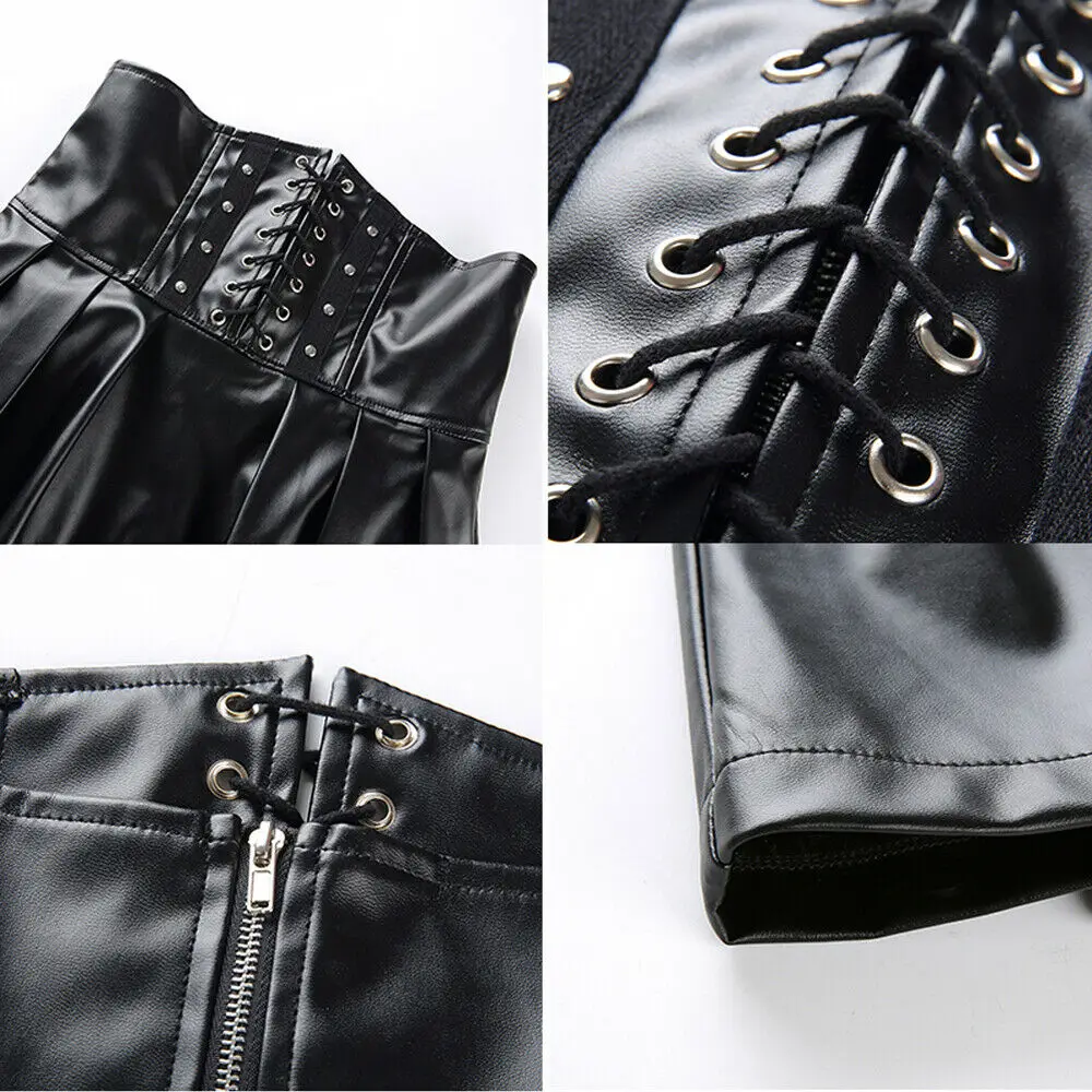 

2020 Spring summer Women's high waist Cosplay Skirts Bandage Leather Skirts Fashion Tight Mini Pleated Skirts