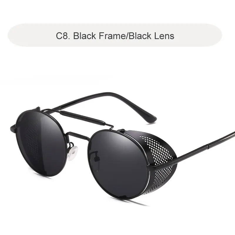 C8 Black-Black Готические солнцезащитные очки в стиле стимпанк для мужчин и женщин круглый металлический Ретро рамка мужские солнцезащитные очки Брендовые дизайнерские Панк мужские очки - Цвет линз: C8 Black-Black