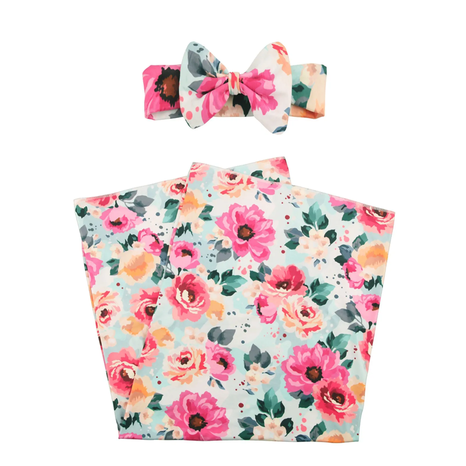 

Newborn Baby Photography Props Blanket Printed Muslin Wrap Headband 2pcs Suit Baby costume kawaii lovely Baby accessories
