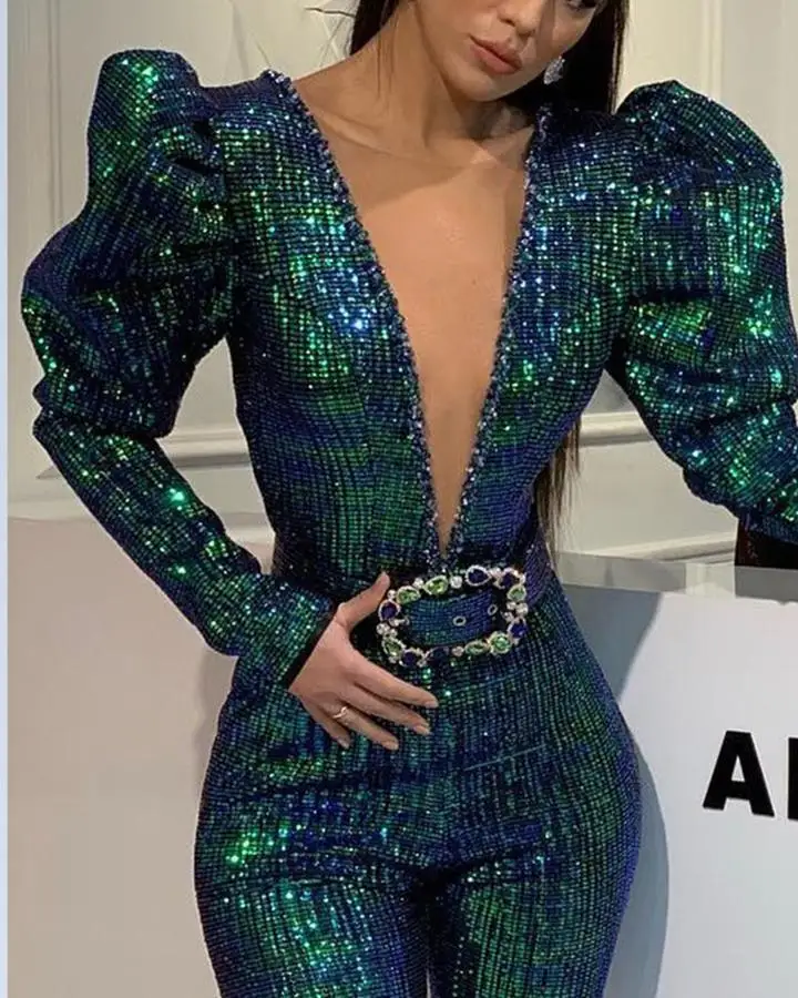 

Mandylandy Autumn Patchwork Sequined Jumpsuit Women's V-neck Long Sleeve Solid Color High Waist Slim Fit Wide Leg Jumpsuit