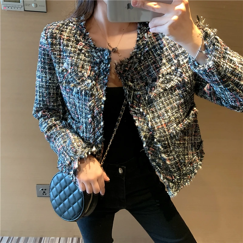 Маленький аромат винтажное твидовое короткое пальто женская Корейская Новинка