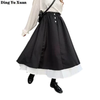 black white patchwork long tulle skirt women korean loose skirts high waist a line pleated summer female maxi mini skirts womens