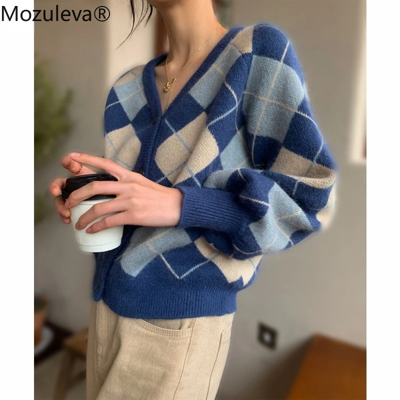 Mozuleva New Autumn Vintage Argyle Knitted Sweaters Women Casual V-neck Full Sleeve Single-breasted Loose Female Cardigans 2021 |
