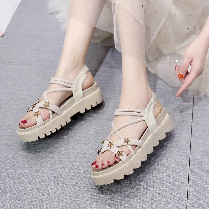 

Fashion Sandals Women's New Summer 2021 Midheel Fairy Style Web Celebrity Thick Soles College Students with Skirt Roman Shoes