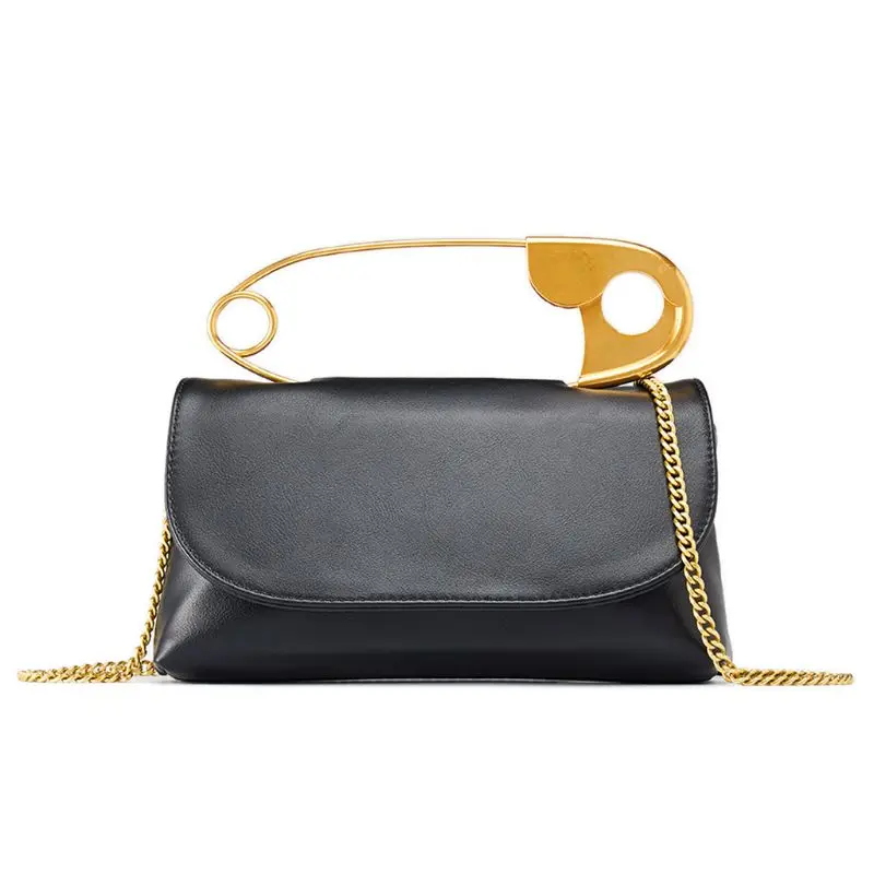 

Women Cool Large Pin Soft PU Leather Black Handbag Square Shoulder Messenger Bag