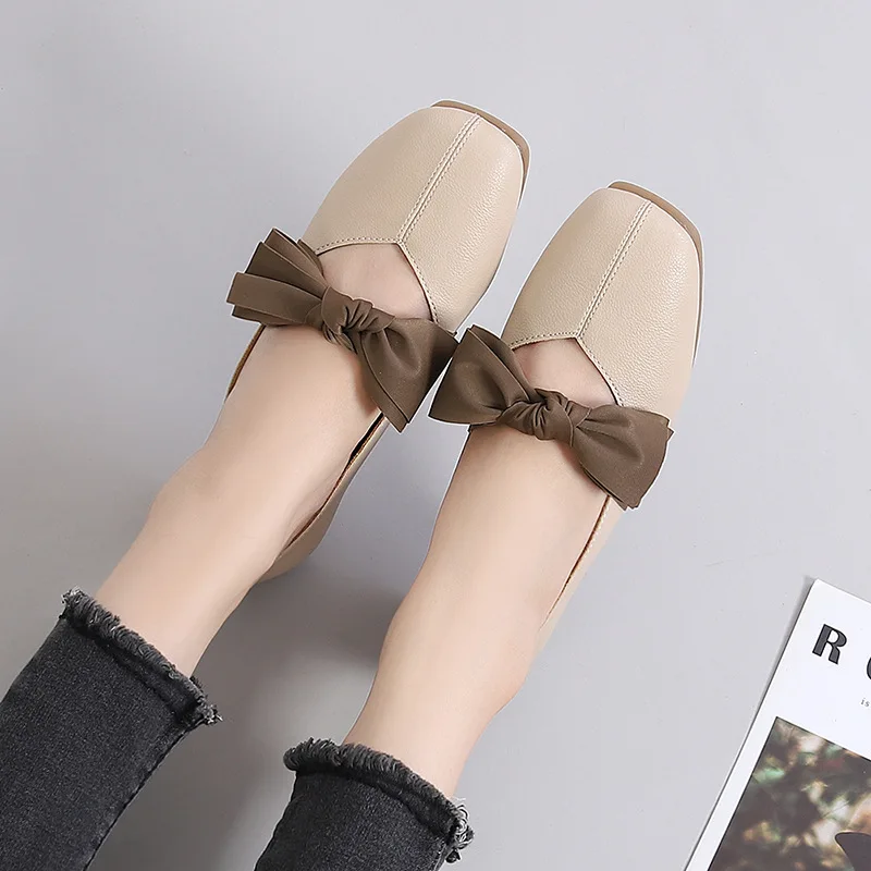 Leather Square Toe Flats Ballet Shoes Women Slip on Shallow Mouth Loafers Soft Sole Non-slip New Moccasins Big Size Ladies Flats