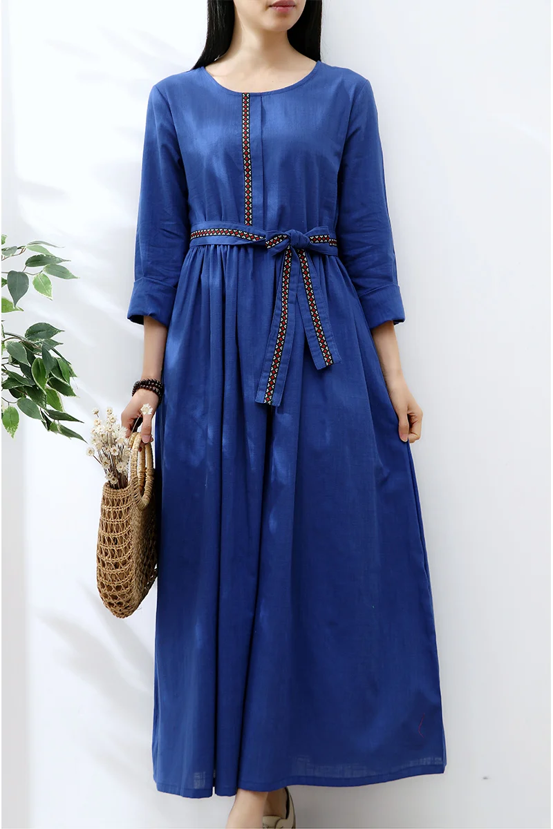 

Dress Spring Summer Ethnic-Style Long Sleeve Cotton Linen Autumn Slimming High-waisted Hemline Travel Literature And Art Long