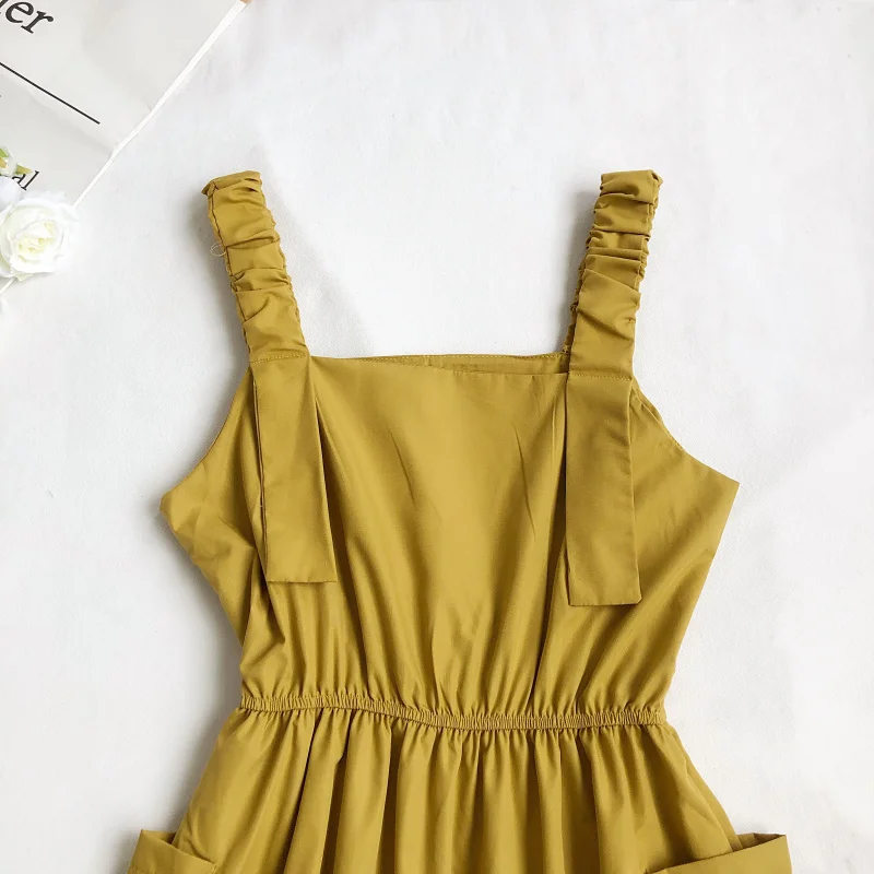 FTLZZ Summer New Arrival Women Sweet Strap Mid-length Dress Ladies Casual Solid Loose High Waist A-line Dresses | Женская одежда