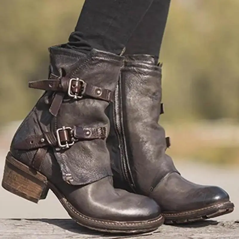 Autumn Women Shoes Motorcycle Boots Platform Low Square Heel Round Toe Ankle Buckle Handmade Sewing Punk Cool Ladies Female 2021