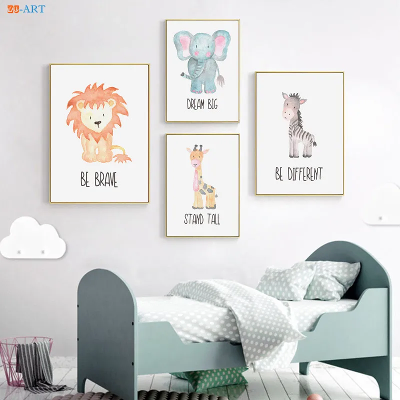 Мультфильм плакат для малышей с принтом животными лев картина слона на холсте