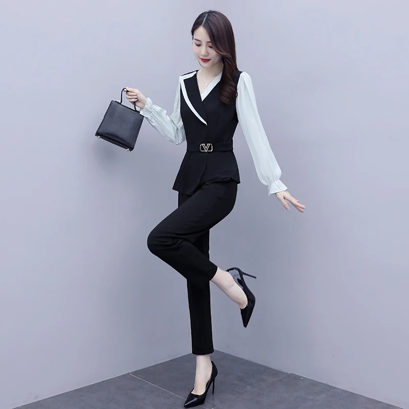 

Autumn outfit new suit collar two-piece suits high-end fashion women outfit business lady office top trousers blouse uniform