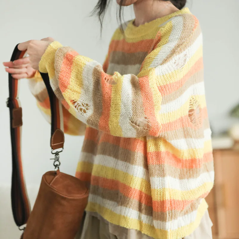 Autumn Sweater Women Fashion Large Size Knitting Loose Pullovers 2019 New Female Tops O-Neck Long-sleeved Striped Hole | Женская одежда