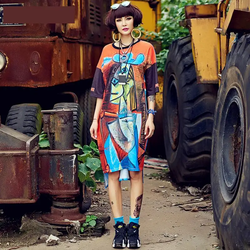 

2021 Original Design Women Loose Straight Print Short Sleeve Dress Vestido De Festa Streetwear