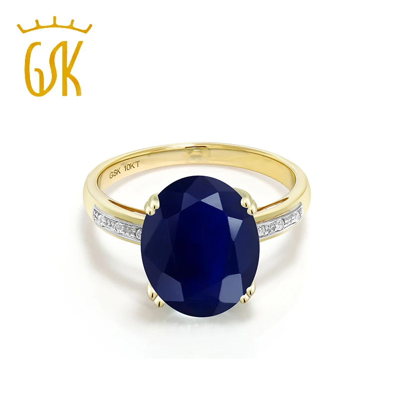 10K Yellow Gold Blue Sapphire and White Diamond Accent Solitaire Engagement Ring(5.04 Ct Oval