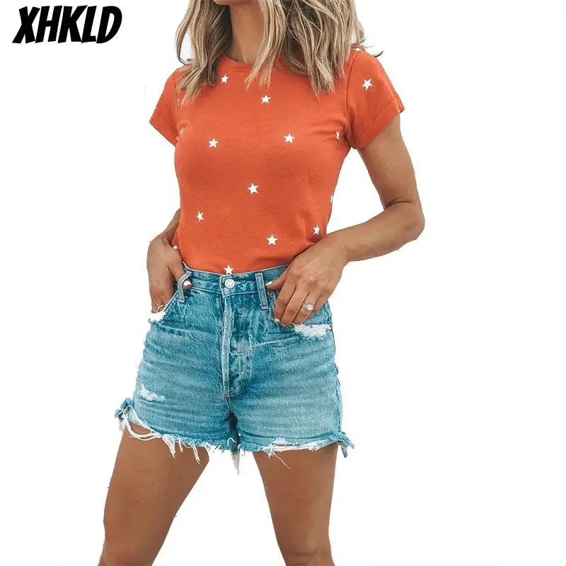 Xhcld Летняя женская Повседневная рубашка с круглым вырезом и оранжевыми звездами