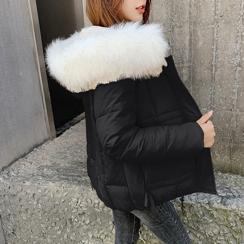 

Fur Collar Hooded Short Women Puffer Jacket 2019 New Fashion Drawstring Loose Winter Parka Mujer Ladies Casual Bubble Coat