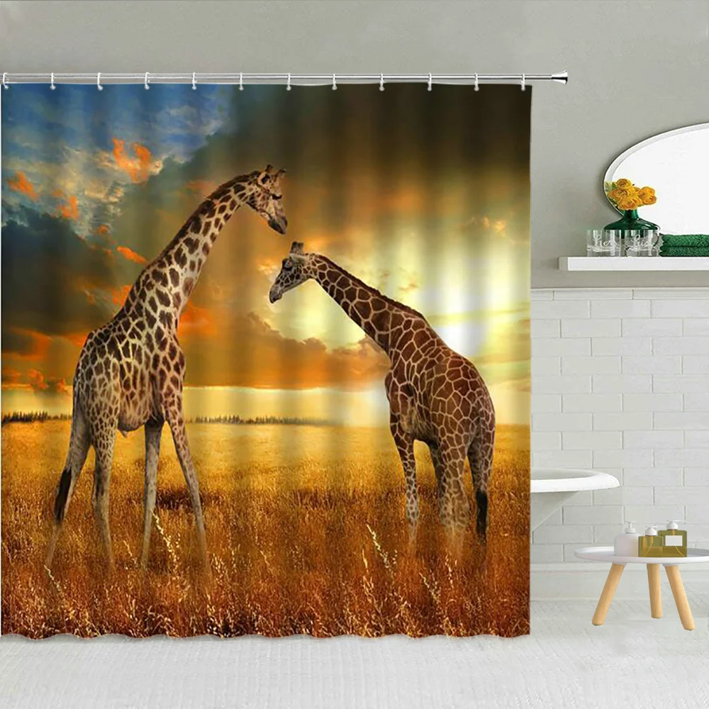 

Giraffe Waterproof Shower Curtain African Grassland Sunset Scenery Bathroom Decor Cute Park Animal Bath Waterproof Curtains Set