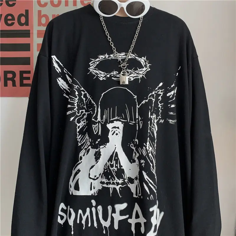 Aliexpress - QWEEK Harajuku Gothic Angle Print T-shirt Women’s 2021 Streetwear Long Sleeve Black Tops Alt Clothes Pastel Mall Goth Trendy