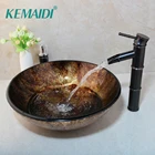 Стеклянный смеситель KEMAIDI, кран для раковины в ванную комнату, с черным бамбуковым корпусом, водопад