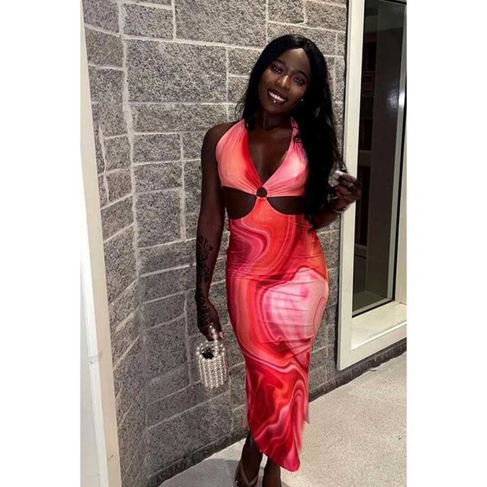 

Женское облегающее пикантное платье с открытой спиной, Длинные облегающие платья без рукавов с принтом, вырезом спереди и глубоким V-образн...