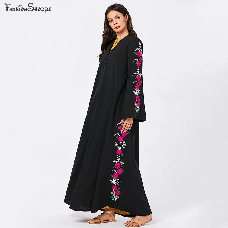 Женское кимоно в арабском стиле с вышивкой виде цветов|Мусульманская одежда| |