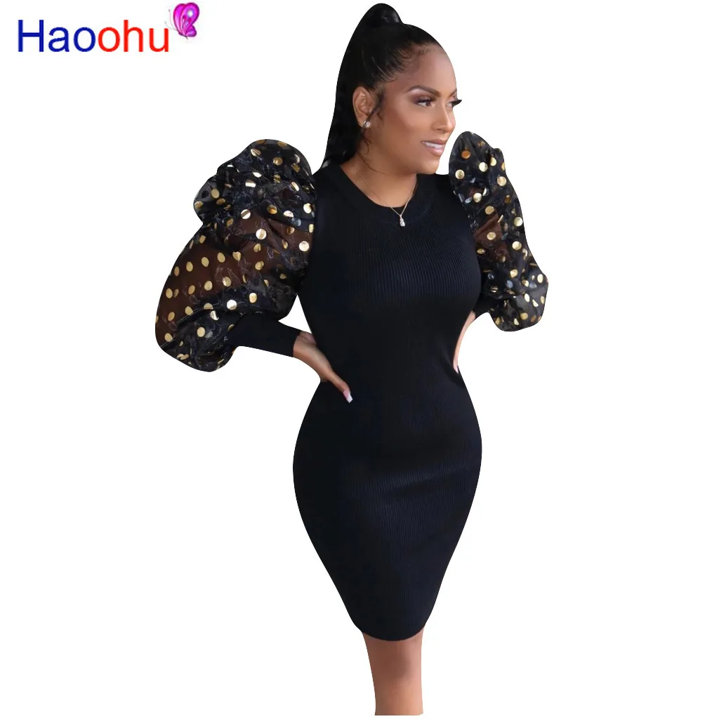 

Autumn Women Elegant Sequined Dot Knitted Dress and Women's Full Puff Sleeve O Neck Knee Length Sexy Dresses Night Club Party