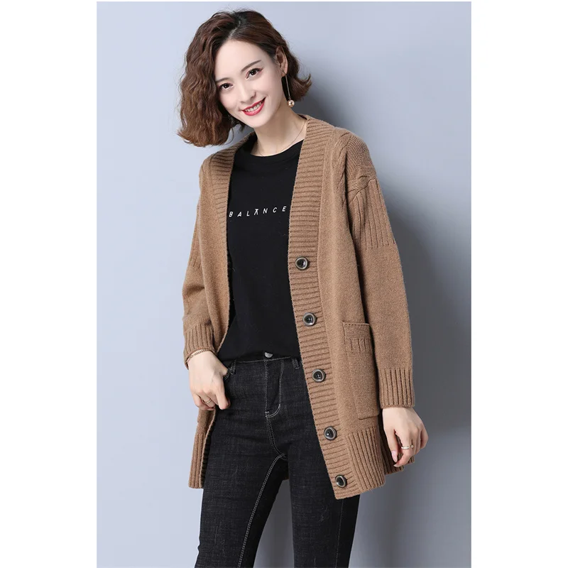 Женский свободный кардиган повседневный длинный вязаный свитер серого бежевого