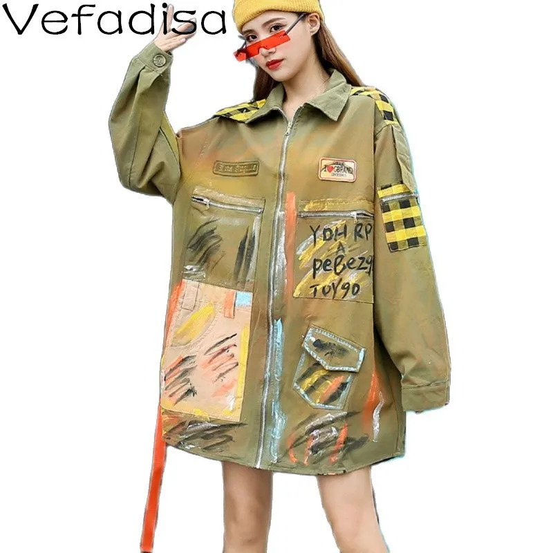 

Vefadisa серо-зеленого цвета в стиле «граффити» футболки с надписями для женщин пальто 2021 осенние многофункциональные Карманные женские Верхн...