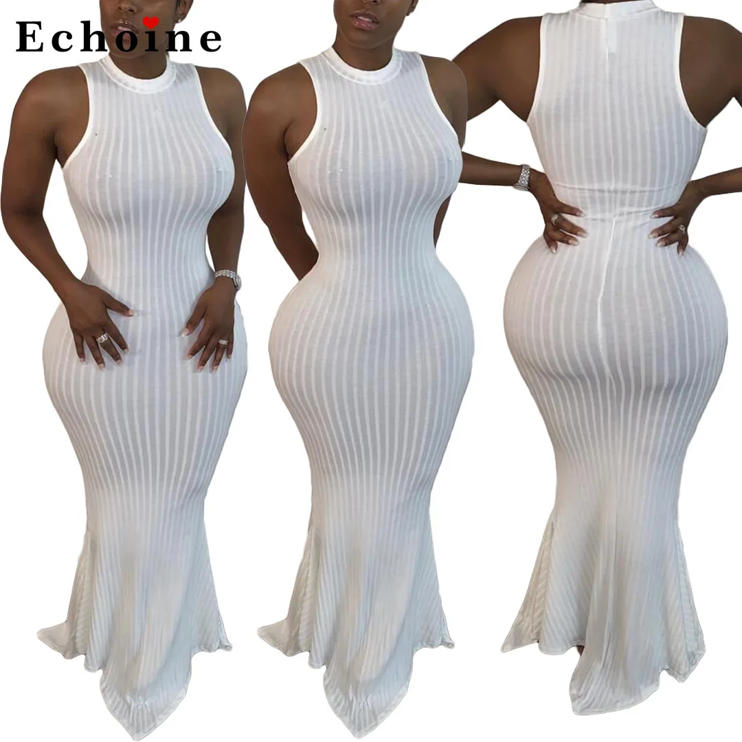 Женское трикотажное облегающее платье миди без рукавов с круглым