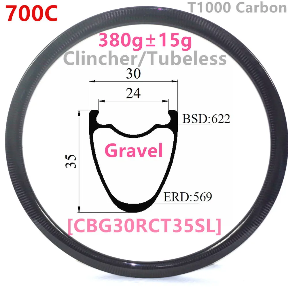 

[CBG30RCT35SL] 380g carbonbeam Symmetric 30x35 internal 24mm 700C Gravel CX Road Clincher Tubeless compatible carbon wheel