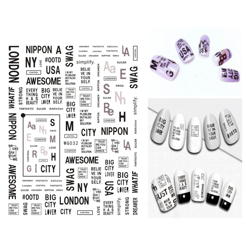 10PCS Black and White Personality Letter DiY Nail Art Trend Sticker Nail Art Applique Decorative Beauty