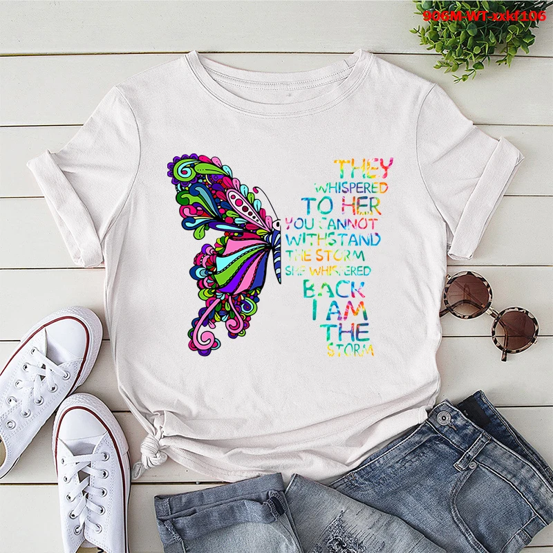 

Butterfly T Shirt Women Streetwear Harajuku Color Butterfly Tshirt Short Sleeve Loose Letter T-Shirt Plus Size Kawaii Clothes