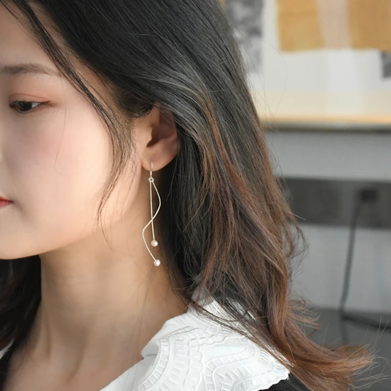

ASHIQI Natural Freshwater Pearl Temperament Long 925 Sterling Silver Dangle Earrings Simple design For Women Fashion Jewelry