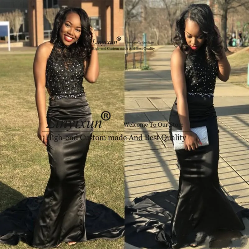 

2020 Black Girls Beaded Prom Dresses Sexy Mermaid Sleeveless Halter Neck Long South African Evening Gowns Long evening dress