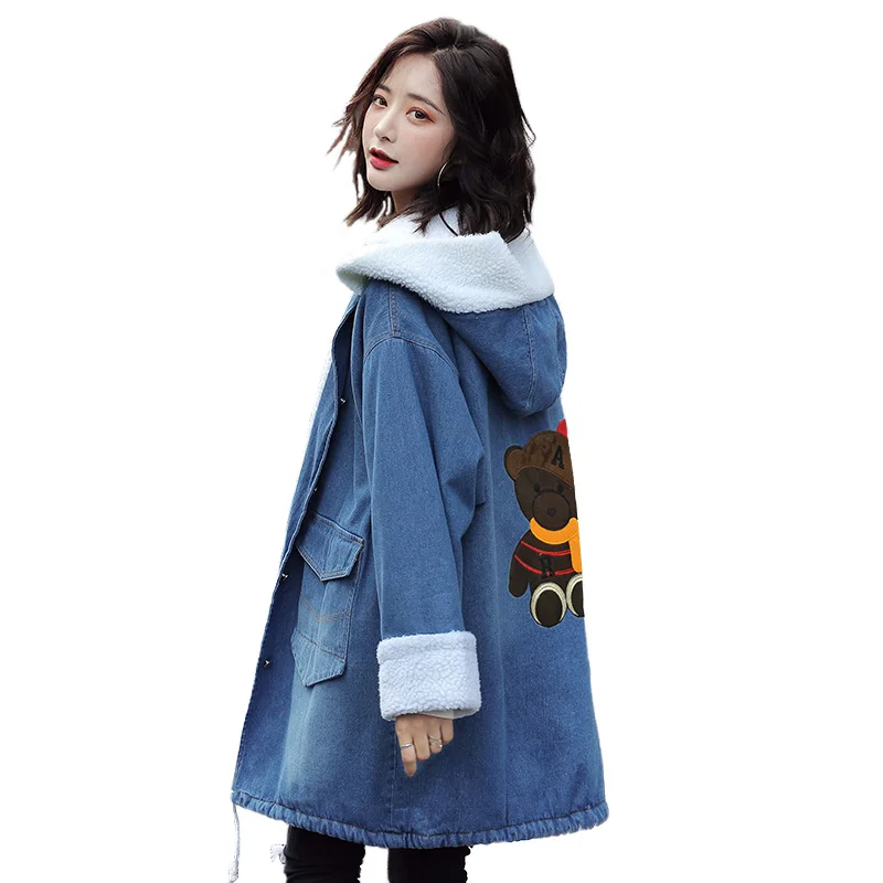 Зимнее джинсовое пальто для женщин толстая теплая подкладка из шерсти хлопковая