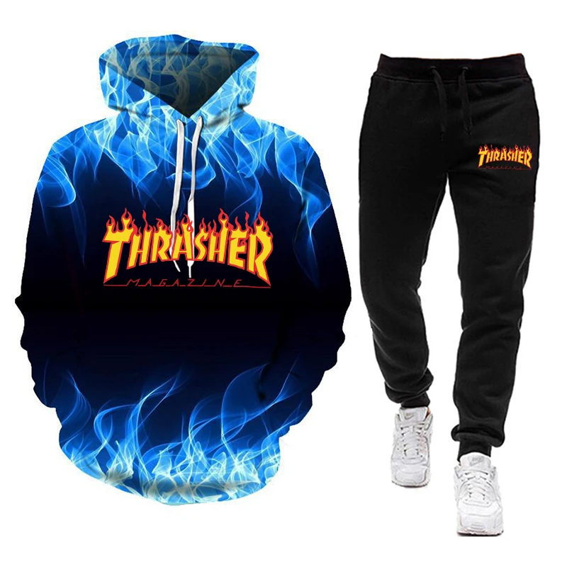 

Fire Print To Sell Hoodie+Pants Tracksuit Male Sweatshirt Streetwear Pullover Men's Jogging Set 2 Pieces Suit Wholesale Clothing