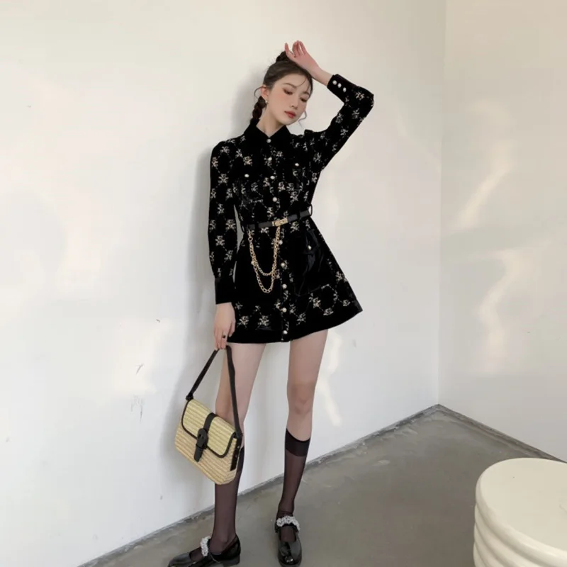 

Women Black Printing Sashes Mini Dress New Laple Long Sleeve Loose Fit Fashion Tide Spring And Autumn 2021 Z357
