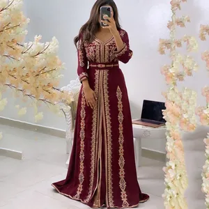 Burgundy Kaftan Abaya Evening Dress Long Sleeve Islamic Dubai Saudi Arabic Long Elegant Formal Evening Gown
