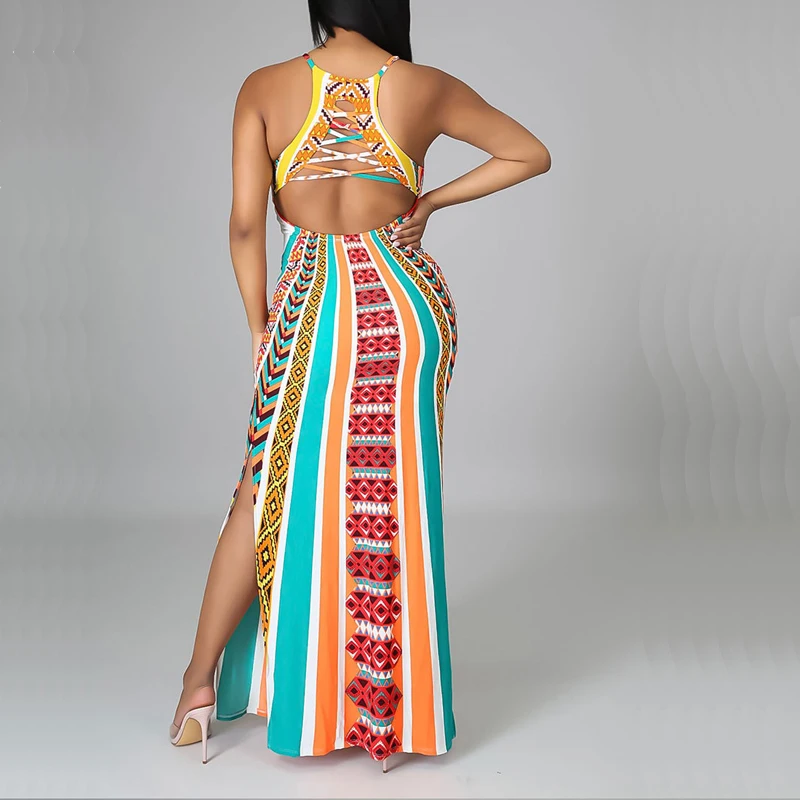 

Summer New Arrival Maxi Dress Sexy Side Split Sleeveless Strap Dress Women Fashion Print Slim Dress Casual Vacation Beach Dress