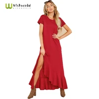 2021 european american spring and summer new round neck short sleeve slit party dress fashion women sexy leisure long skirt robe